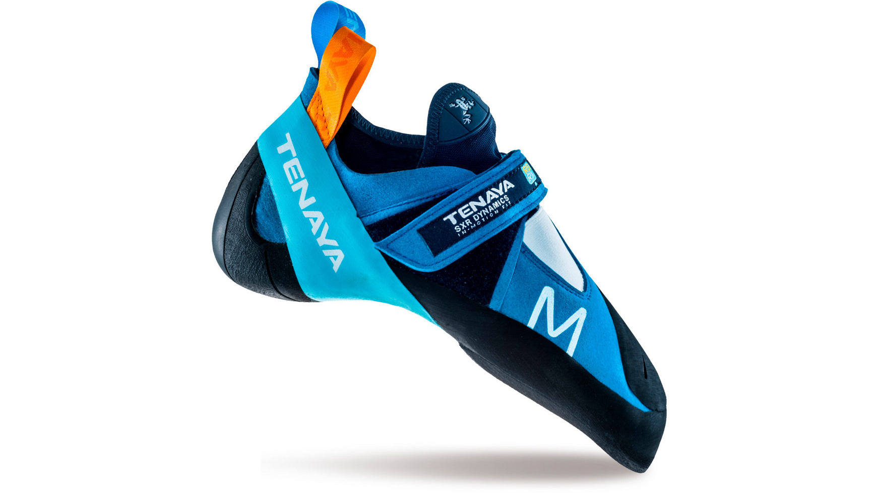 Orange Klettern Schuhe und Magnesium im ein Blau Tasche Stand auf